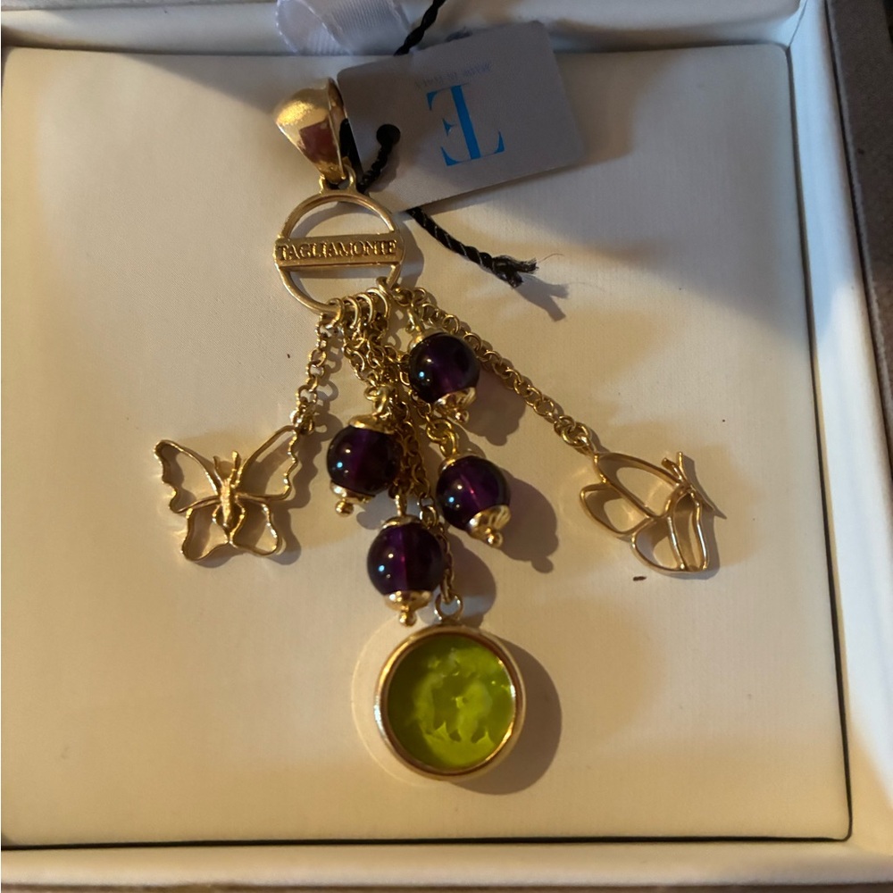 TAGLIAMONTE Brass Plated Pendant with Purple Beads and Green Etched Cameo Charm
